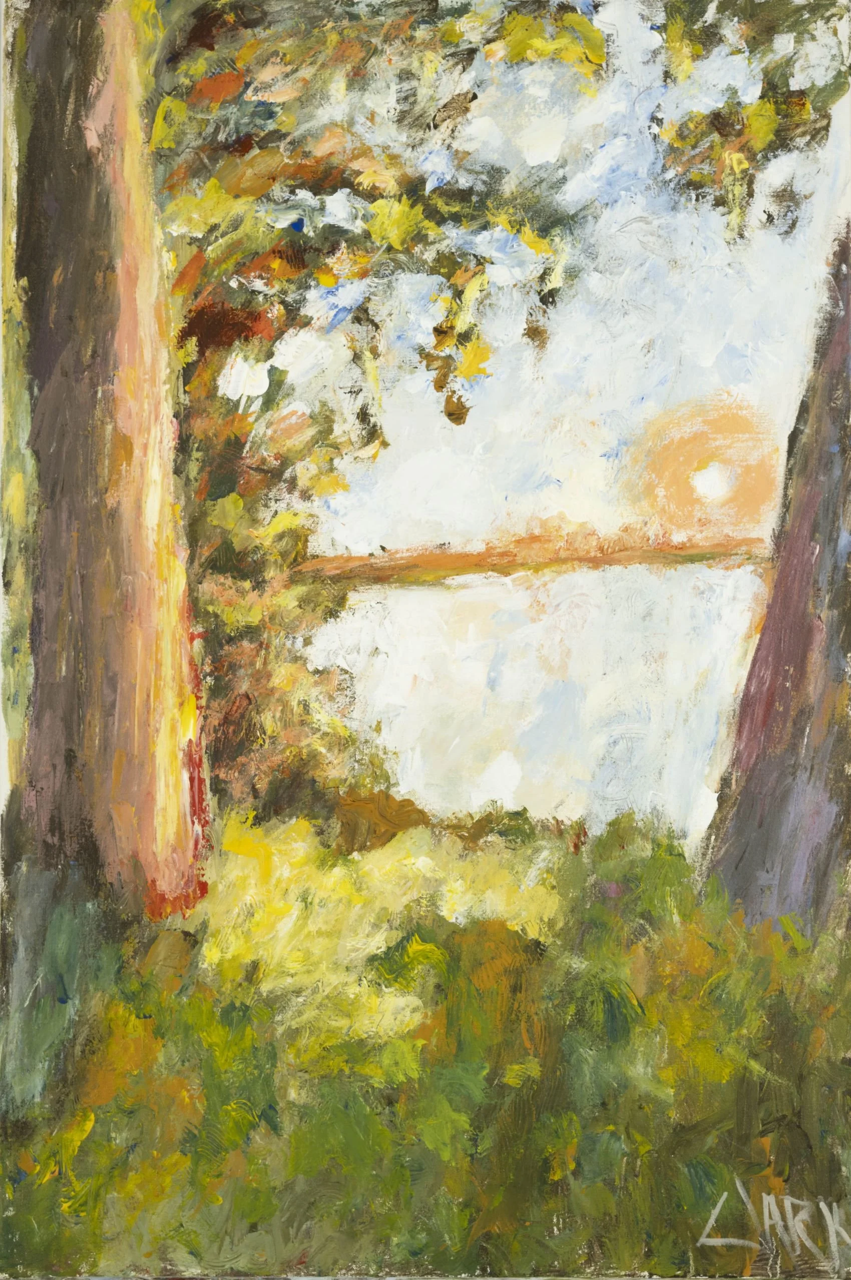 Lake View, 36 x 24, #1527.
This landscape presents a shoreline, an expanse of water, and a setting sun. Layered color and softened edges allow the scene to remain suggestive, with the setting organized by broad transitions rather than precise detail.