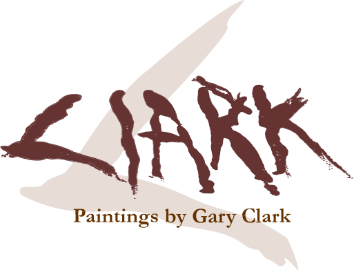 A logo that includes the artist's signature mark with a bold letter C in the artist's hand in the background.  Under the artist's signature is the text 'Paintings by Gary Clark'.