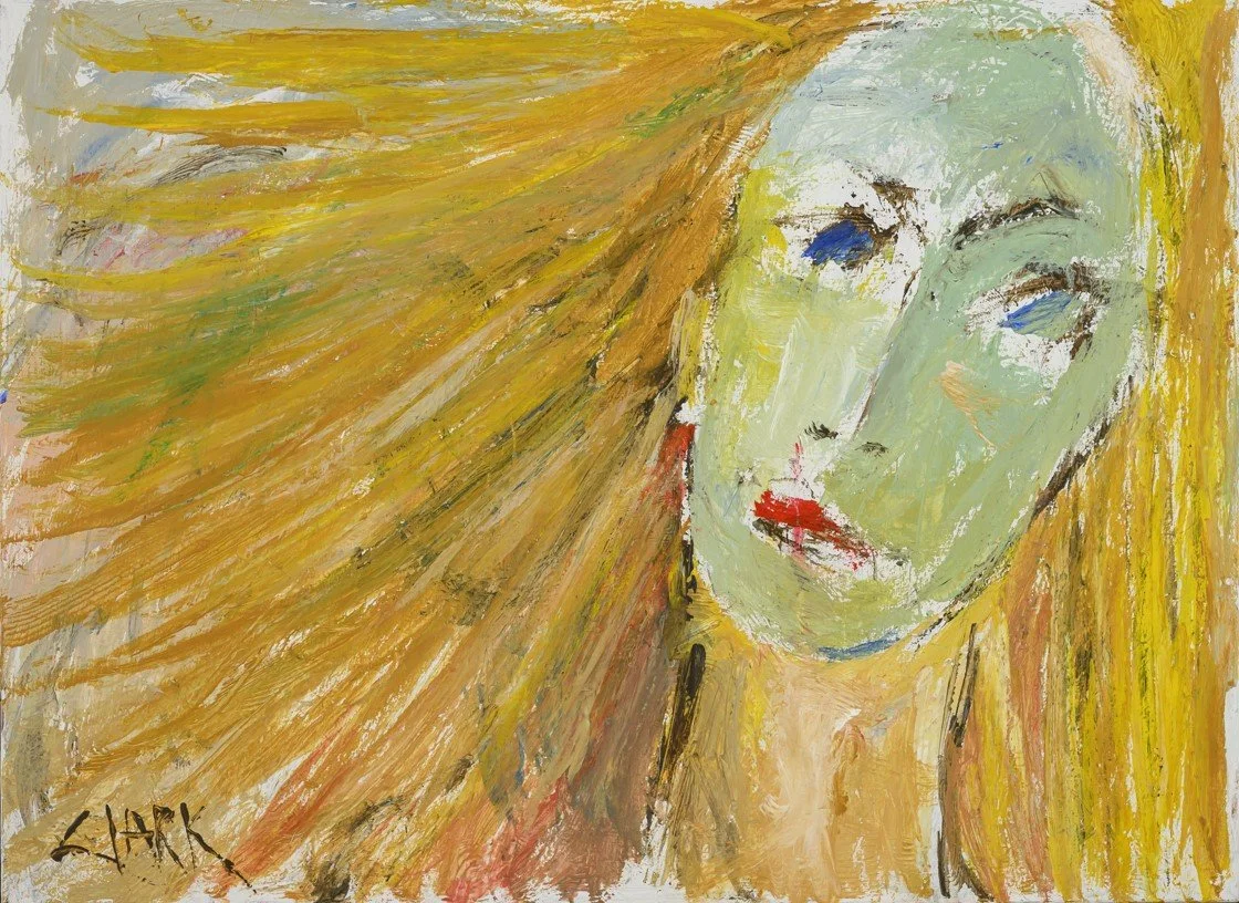 Sun Girl, 22 x 30, #1691.
This abstracted figurative work presents a girl’s face and hair rendered with loose brushwork and bright color. Sweeping gesture and simplified form define the image without focusing on detailed likeness.
