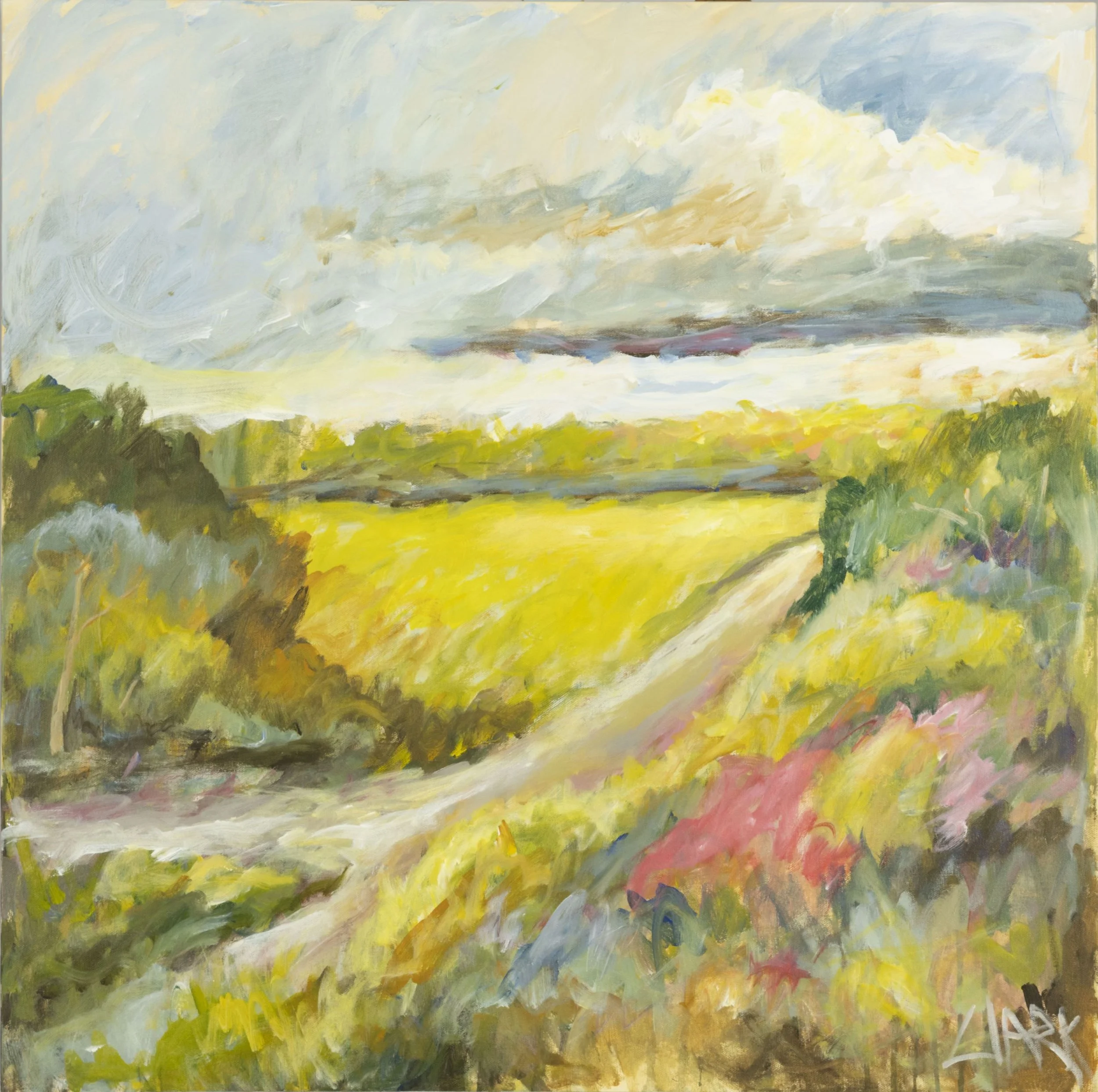 Fork in the Road, 30 x 30, #1535.
A divided roadway moves through an open landscape, defined by broad passages of paint and simplified forms. Directional lines guide the eye while the surrounding space remains loosely articulated. Surface texture and