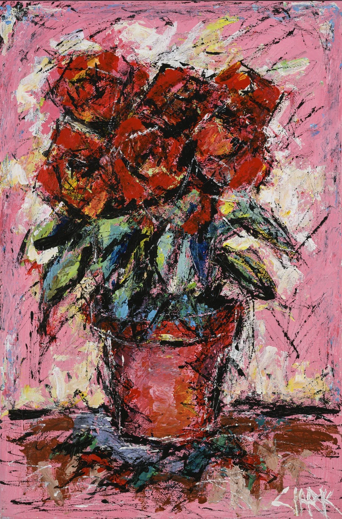 Roses in Pot, 30 x 20, #1653.
A clay pot supports a compact grouping of flowers. Intersecting brushstrokes and bold color define both vessel and bouquet through mass and placement.
