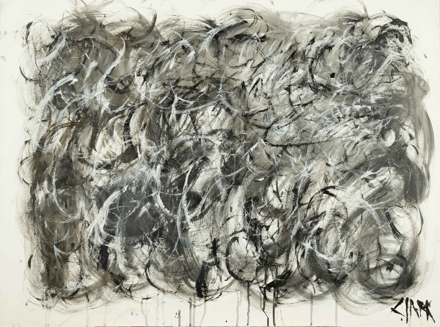 Going in Circles, 30 x 40, #1303.
An abstract painting built from layered, looping brushwork and intersecting arcs. Sweeping gestures overlap in varied thicknesses, creating a dense surface of movement and repetition. Drips and exposed marks emphasiz