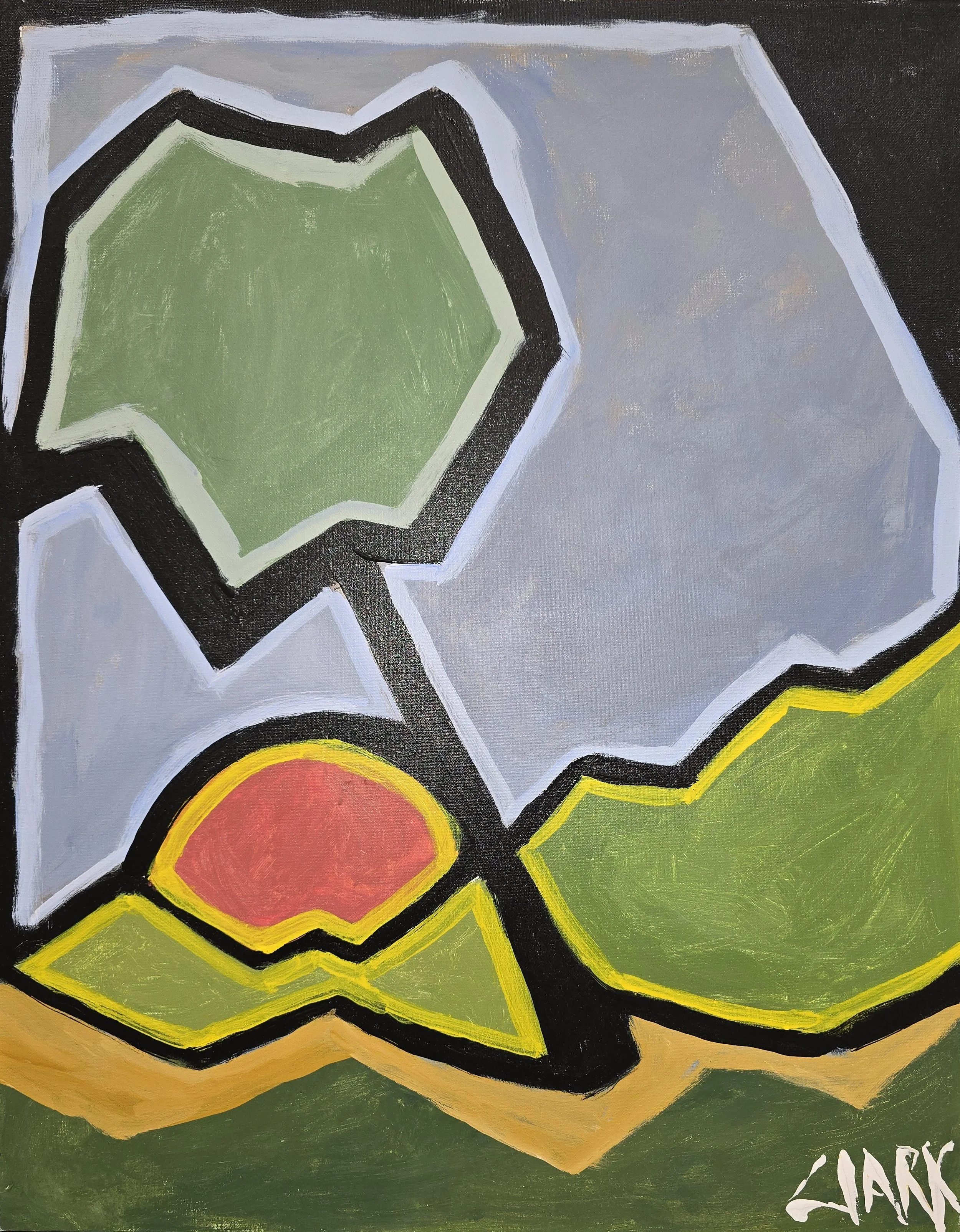 Sunrise, 30 x 24, #1873.
A landscape built from simplified, interlocking shapes defined by bold contour lines. A rising sun sits low against angular forms suggesting hills and sky. Large areas of flat color and strong outlines reduce the scene to ess