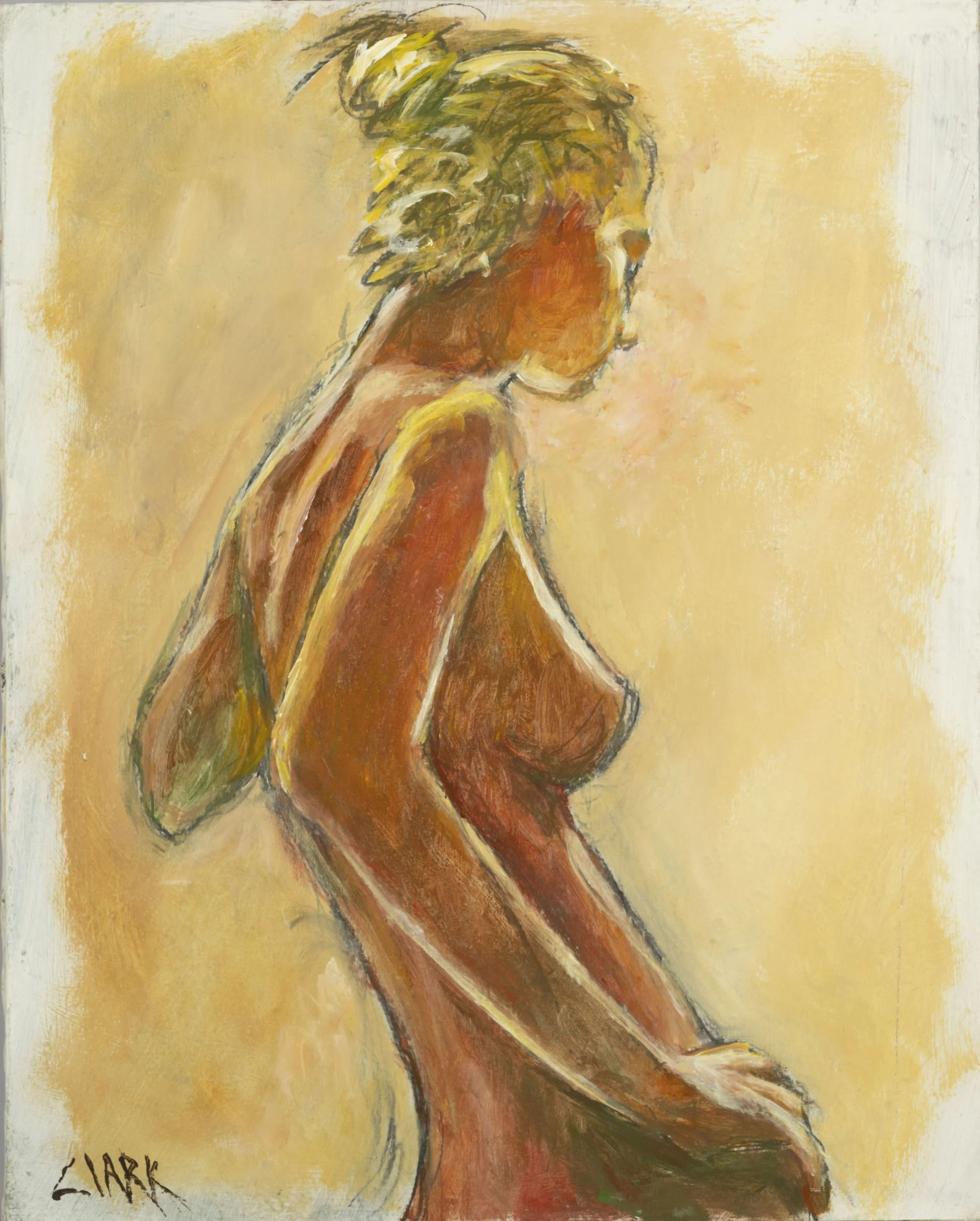 Side, 30 x 24, #1643.
A figure in profile is defined by flowing contours and selective line. The body is reduced to essential curves and planes. Color and shape work together to maintain clarity while remaining open.
