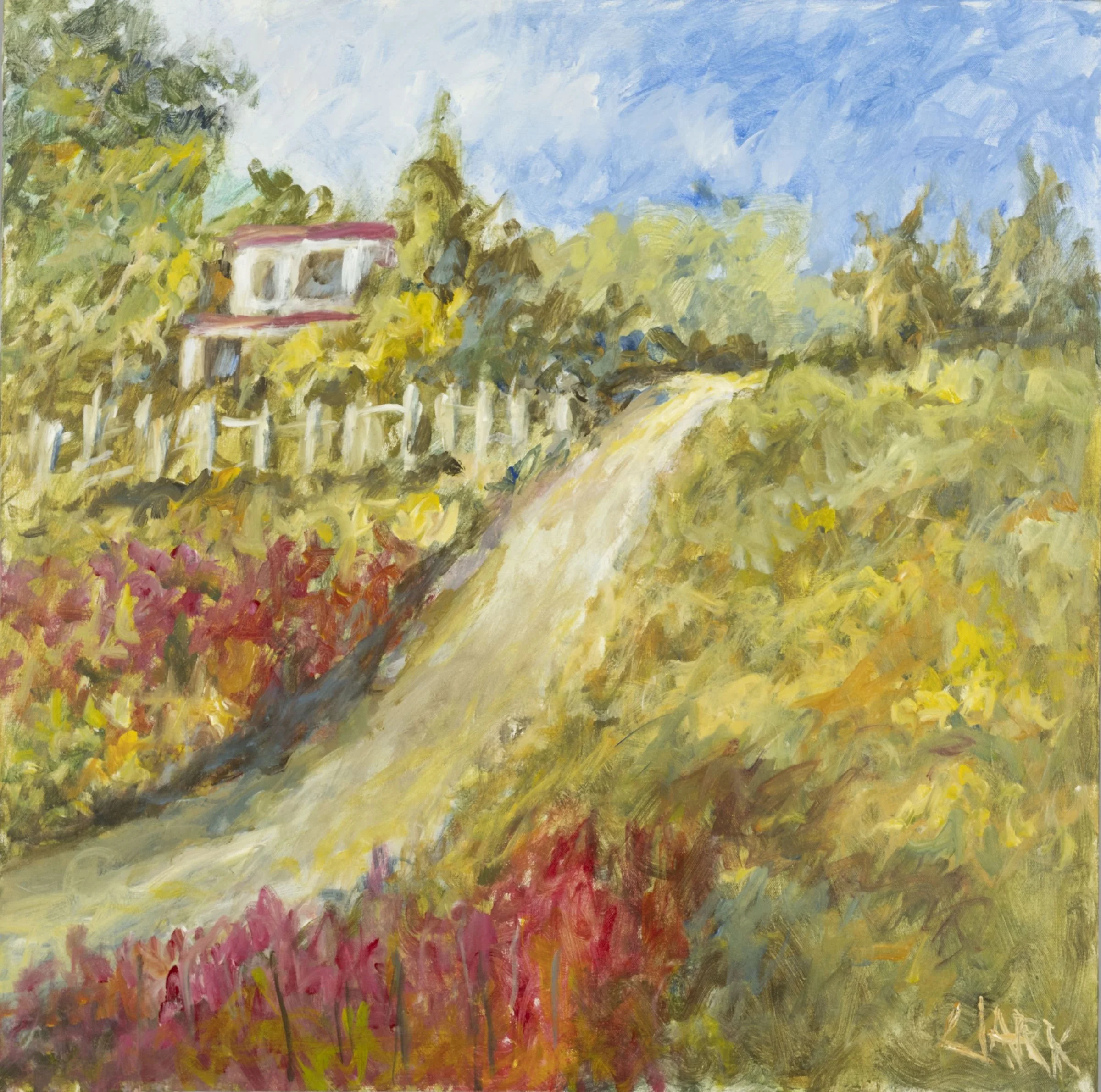 Getaway, 30 x 30, #1538.
A winding path leads toward a small, partially obscured structure set within layered foliage. Soft transitions between forms and restrained detail keep the setting suggestive. The composition relies on placement and paint han