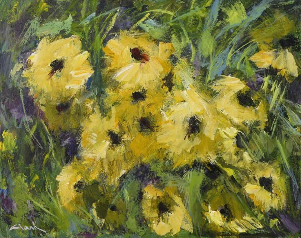 Yellow Flowers, 24 x 30, #1696.
Clusters of flowers are suggested through thick, layered paint and simplified forms. Color and surface structure the composition without botanical detail.
