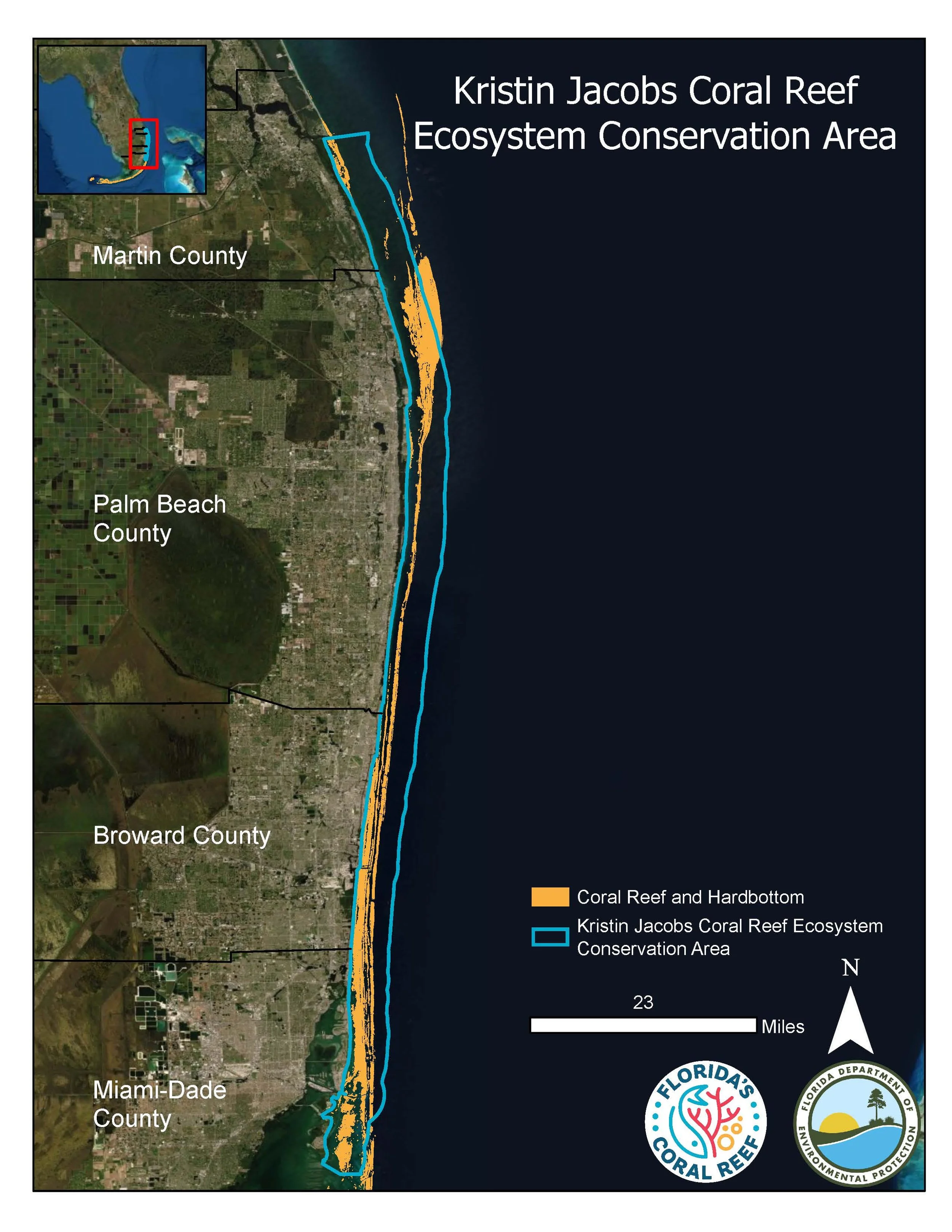 Map showing Kristin Jacobs Coral Reef Ecosystem Conservation Area along the coast of Florida, highlighting coral reef and hardbottom areas in orange and blue, respectively, with county labels and logos of Florida's Coral Reef and Florida Department of Environmental Protection.