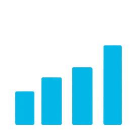 A bar graph with blue bars showing an upward trend, and a black upward arrow indicating growth.