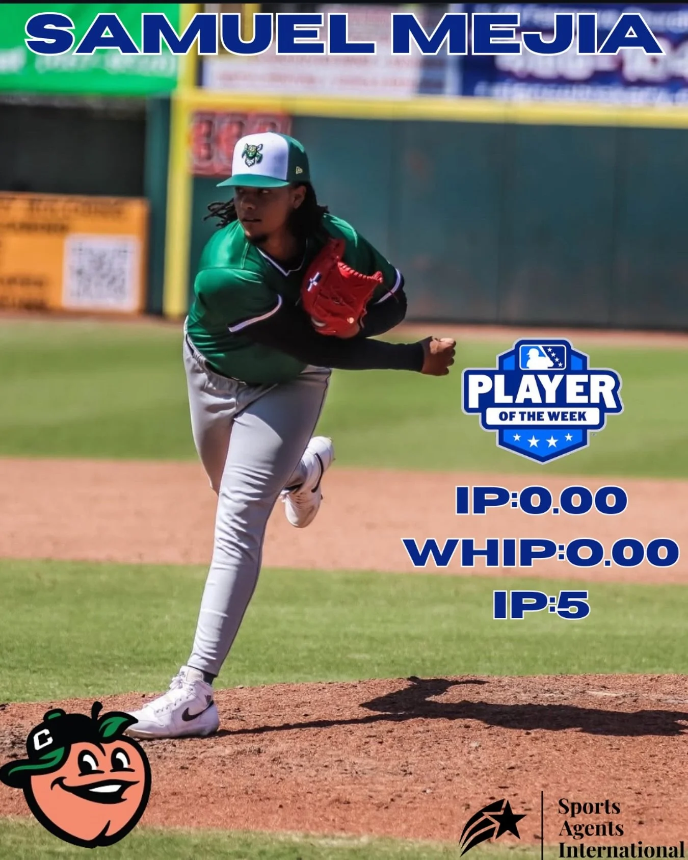 Congratulations to Samuel Mejia on winning Southern League pitcher of the week