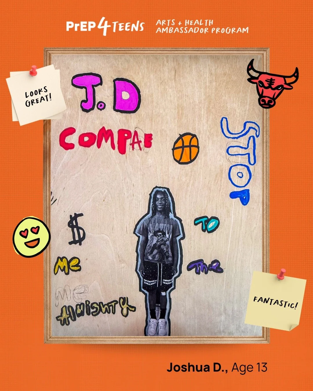 Our Arts & Health Ambassadors used creative expression as a way to tell their stories; check out this feature. Joshua’s painting tells the story of his basketball journey and lifestyle through color and design. #PrEP4Teens #ChicagoArt