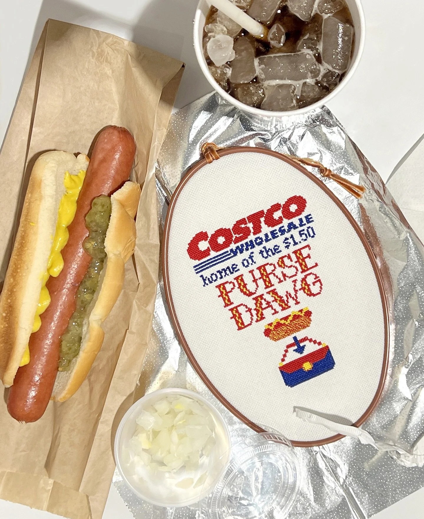 My friend Frank @walk500myles is my silliest and most loyal commissioner. A true patron of the fiber arts community. And if he wants to commemorate (via cross stitch) a purse that is the exact dimensions to encase one @costco hot dog - then he came t
