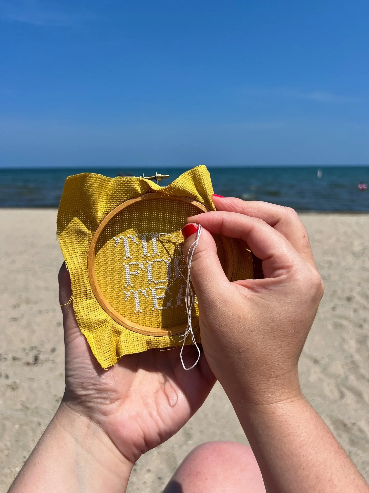 Yesterday&rsquo;s stitching views were p wonderful. It was a perfect day to be on the beach! We went to Lake Ontario.

☀️🕶️🐚

I pulled not one, not two, but THREE Really Good Rocks out of Lake Ontario for @yarnsocialkc &lsquo;s Really Good Rock swa