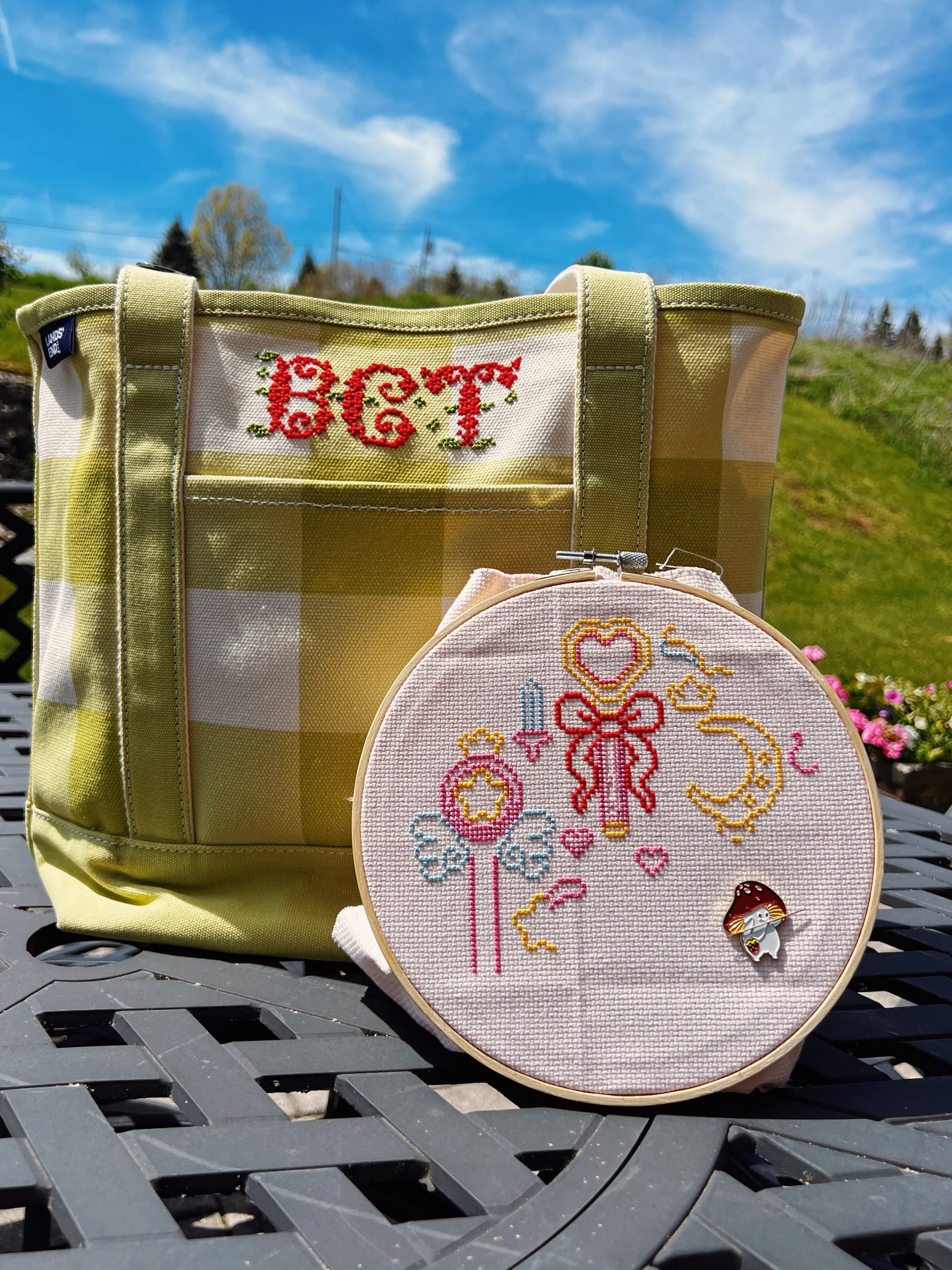 Been stitching a LOT while on vacation this week. Monogrammed my craft tote and started a test stitch for another designer. I hope someday this will be daily life! I really can&rsquo;t get enough of cross stitch.