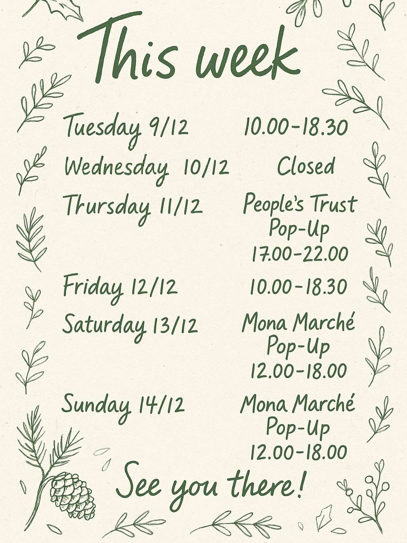This weeks Christmas schedule ✨🎄
Come visit the studio on Tuesday and Friday, find all the collections, silk clothing, socks, and other perfect little gifts, also 30% off all linen clothing. 
✨On Thursday a curated selection of items is coming with 