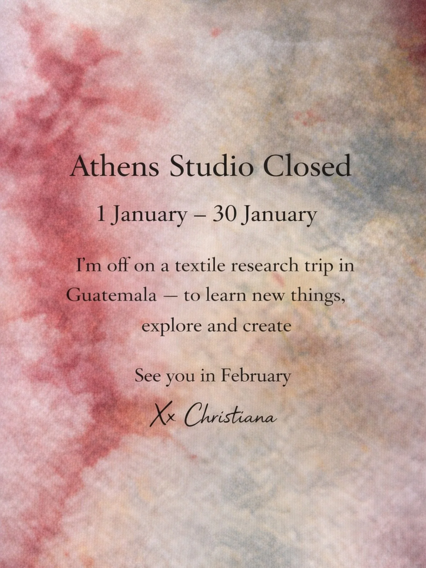 The studio will be closed from January 1st to January 30th, as I&rsquo;ll be in Guatemala for a textile research trip and art residency.

✨ Online orders
Orders will continue to be sent during this time; however, dispatch may take 2&ndash;3 business 