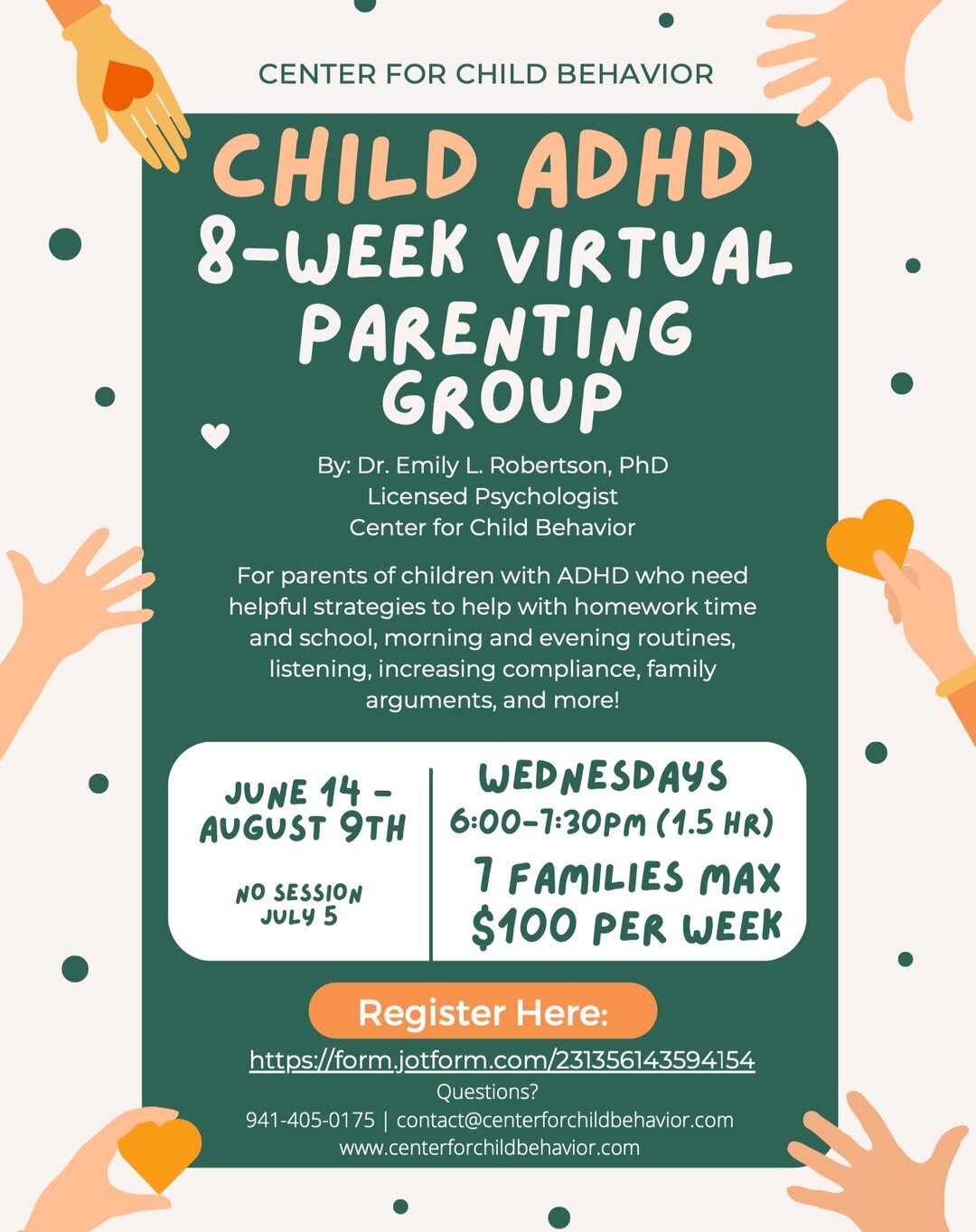 Florida Families: Join us for an 8-week Child ADHD Parenting Group held virtually on Wednesdays from 6-7:30PM starting June 14th! Receive research-backed therapy for your child with ADHD, routine &amp; HW challenges, defiance, &amp; more!

REGISTER (