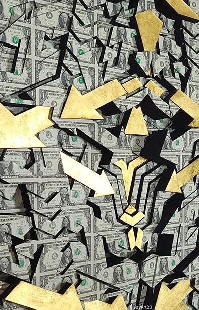 Jason_Amatangelo_Substance1_2021_Uncirculated US Currency dollar bills and 24k gold leaf on closed cell  foam_42x44x4_Angle2.jpg