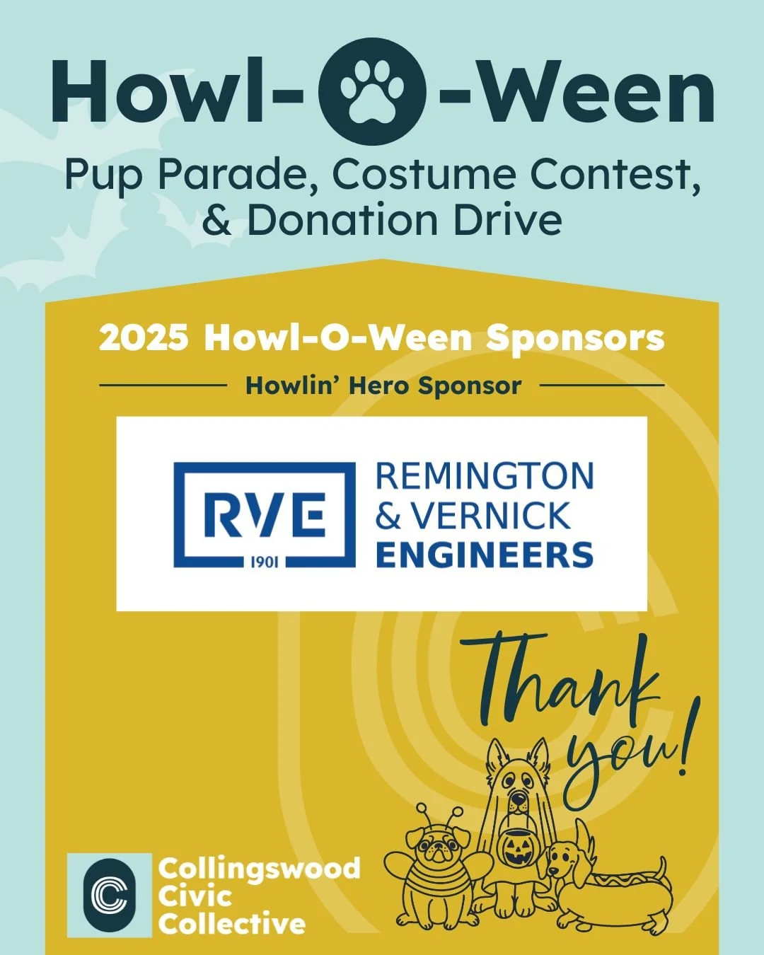 The Howl-O-Ween Pup Parade, Costume Contest, and Donation Drive is coming up this Saturday, October 18th! 
We are so thankful for our Howlin Hero Sponsors: Remington &amp; Vernick Engineers, and Rothman Animal Hospital. Your support helps us make thi