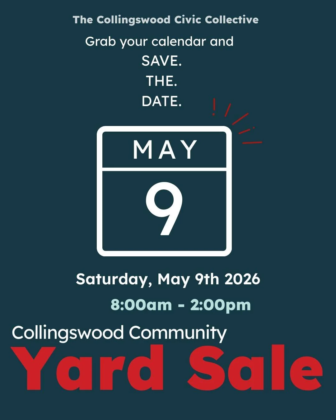 Whether you are planning to shop or sell, grab your calendar and block MAY 9TH for our Collingswood Community Yard Sale! 
More details and the registration link will be posted here soon.

Come on Spring, we're ready for you!

#Collingswoodcommunityya