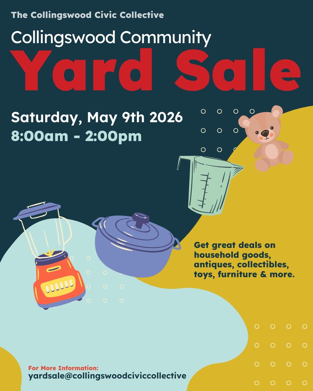 Get excited - REGISTRATION IS LIVE for the Collingswood Community Yard Sale! Please join us and let's make this Collingswood's largest yard sale yet! 

A handy map will be published by the CCC the day before the event on our website and social media 