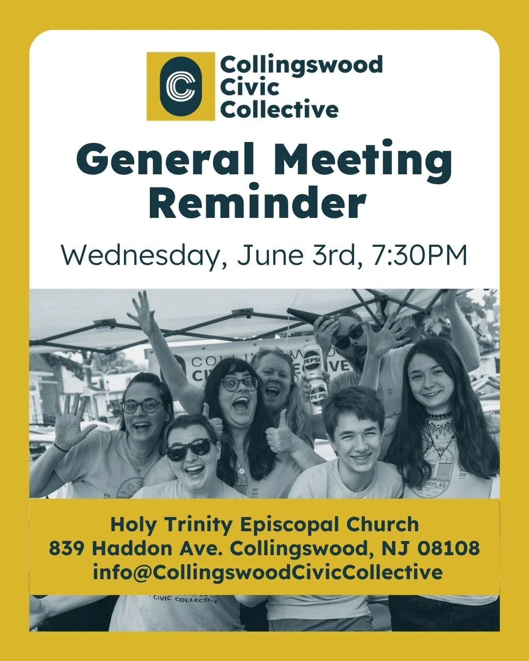 Hey Collingswood! If you're looking to get more involved in our community, or if you're just curious about what we're working on, please join us for our bi-monthly General Meeting - TONIGHT at 7:30pm!

We'll be at 839 Haddon Avenue, Holy Trinity Epis
