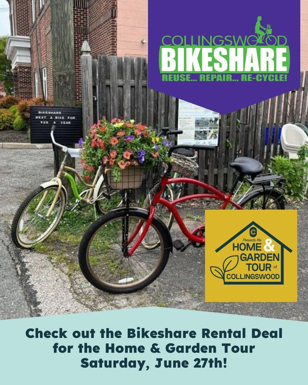 $5 Bike Rental for the Garden Tour from the @collingswoodbikeshare ?
How!?!
Come to the Bikeshare garage on Saturday morning June 27th from 8am - 12pm.  Leave a $25 deposit and complete the application for membership. 
Participants that return the bi