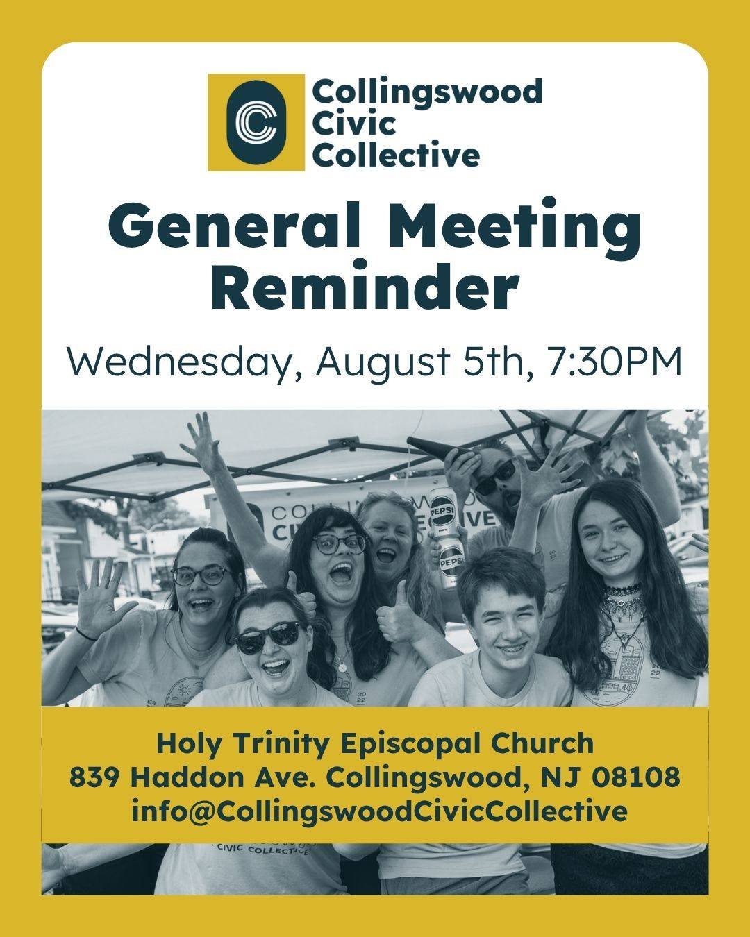 Hey Collingswood! If you're looking to get more involved in our community, or if you're just curious about what we're working on, please join us for our bi-monthly General Meeting - tomorrow at 7:30pm! 

We are planning a Little Free Library town-wid