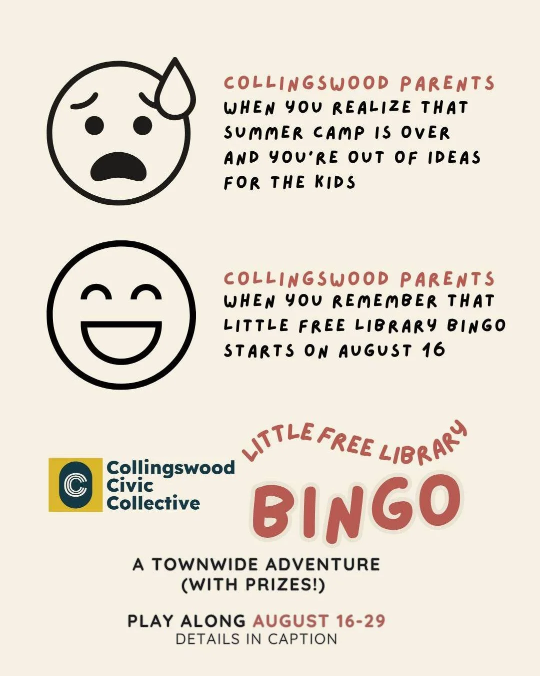Need a free and fun end of summer activity?! Collingswood Little Free Library BINGO begins on SUNDAY and you can play through 8/29! 

Pick up a bingo card, complete 5 in a row or the 4 corners, and email us a photo of your completed card by August 31