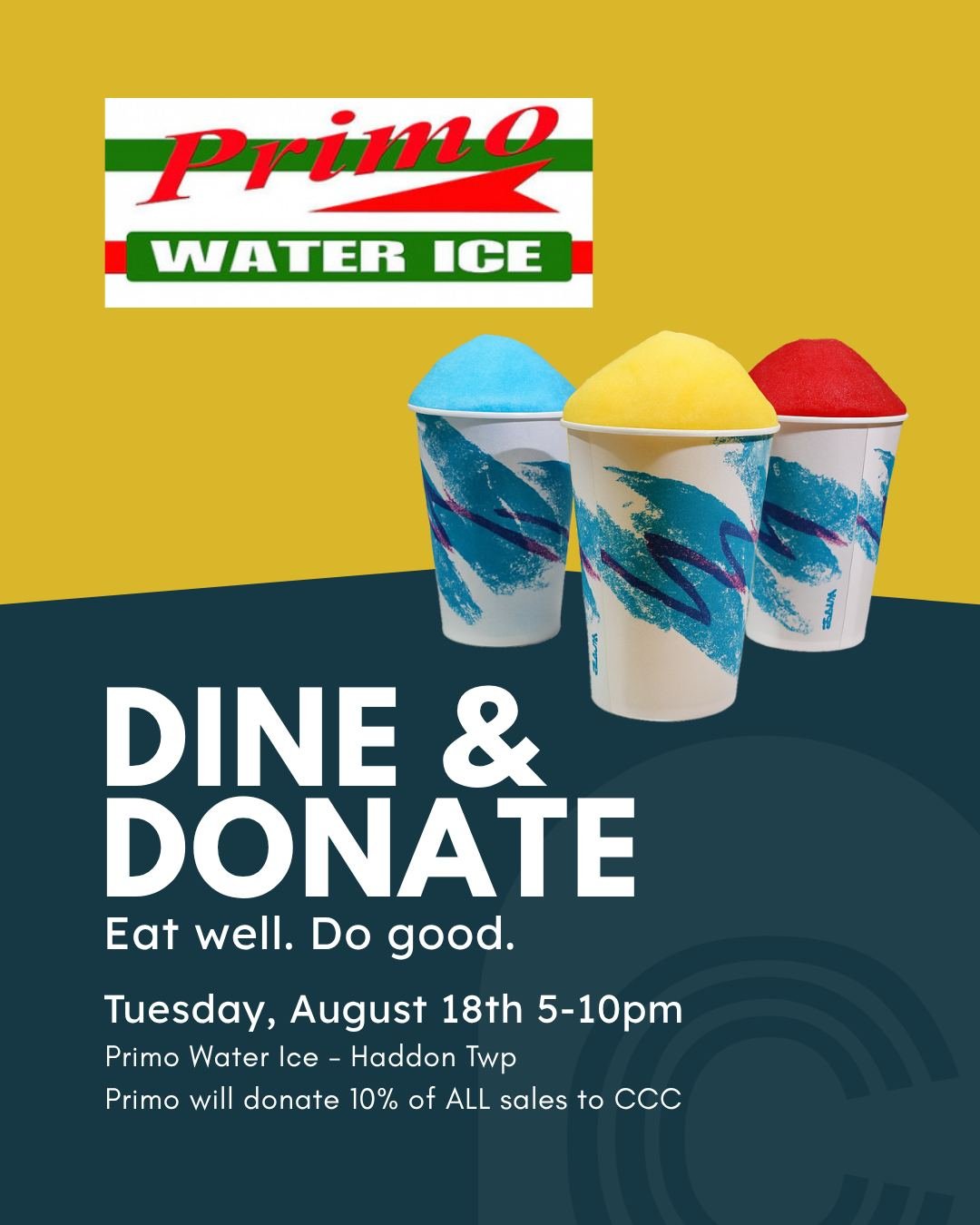 Eat well and do good! 
Bring your family and friends and join the Collingswood Civic Collective for a Dine &amp; Donate event at Primo Water Ice in Haddon Township on Tuesday, August 18th from 5-10pm!

Primo Water Ice will donate 10% of ALL sales to 