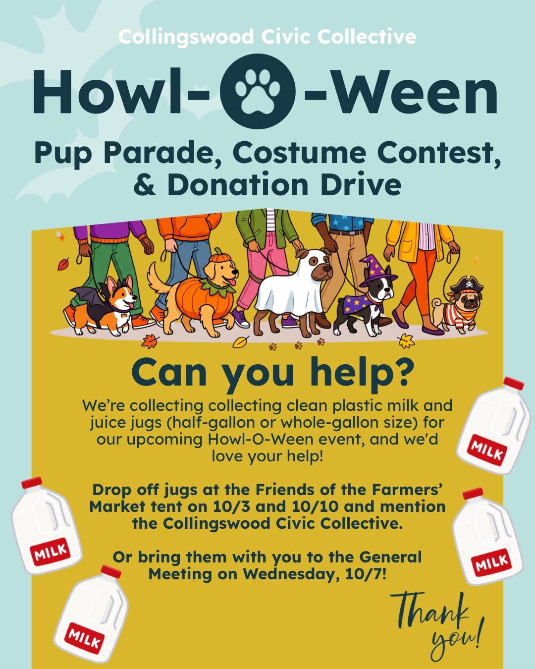 Howl-O-Ween is back! And we need some help!
We need some milk jugs!

We've got tricks, treats, and tail-wagging fun for pups and their people on Saturday, 10/17, 5:30-8:30 PM (Rain Date: Sunday, 10/18) at Holy Trinity Episcopal Church Courtyard on 83