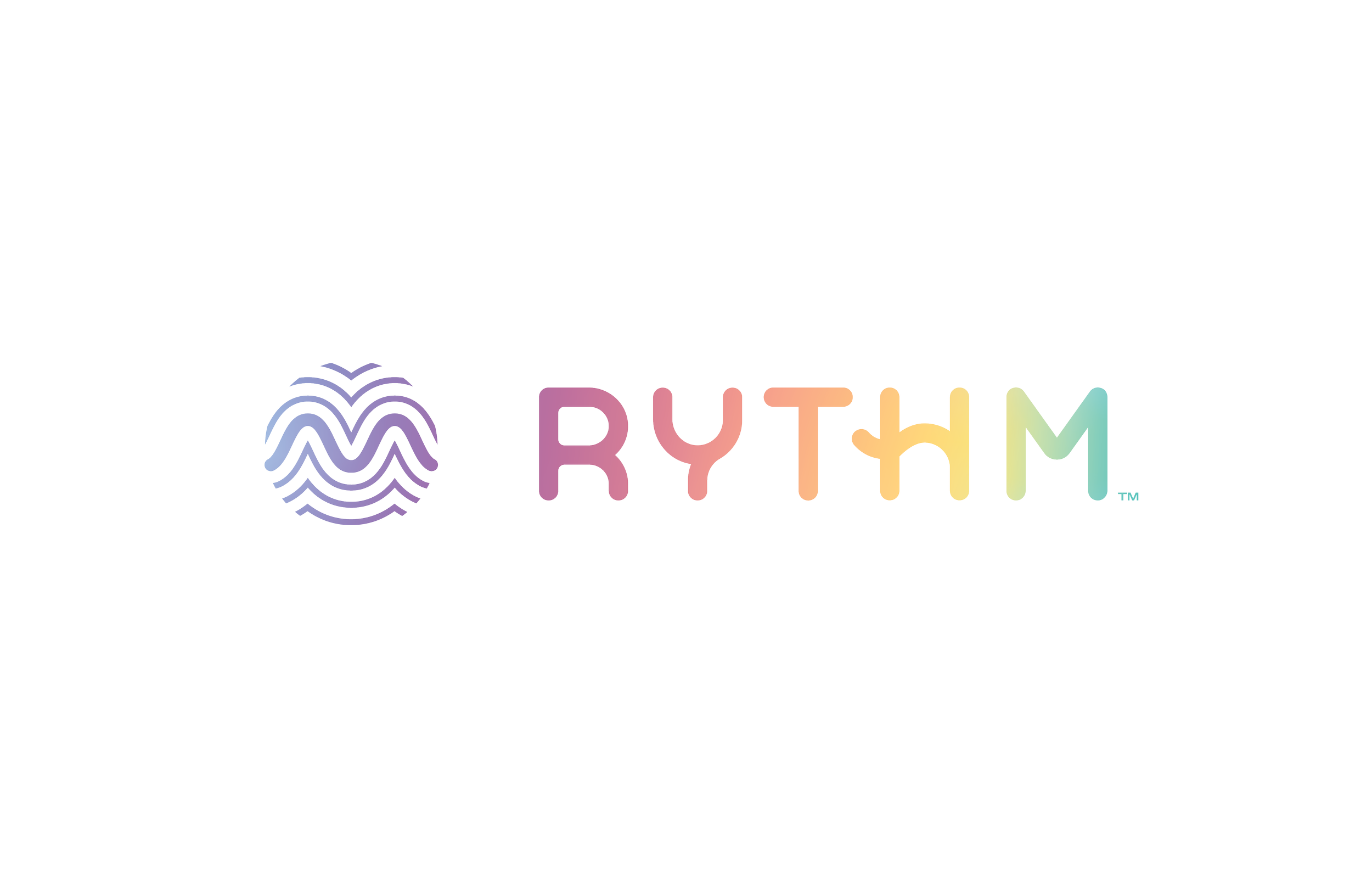 Colorful logo with circular pattern and the word 'RHYTHM' in gradient rainbow colors on a white background.