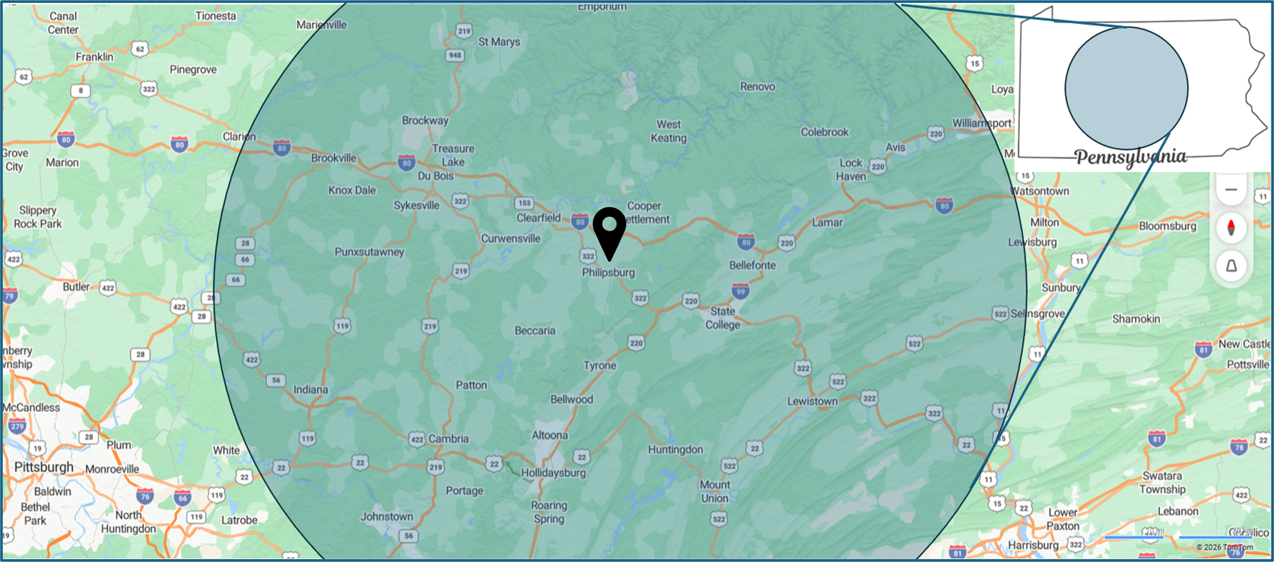 Map of Pennsylvania showing a shaded circle indicating a specific coverage area, with an inset map of Pennsylvania highlighting the area location within the state.
