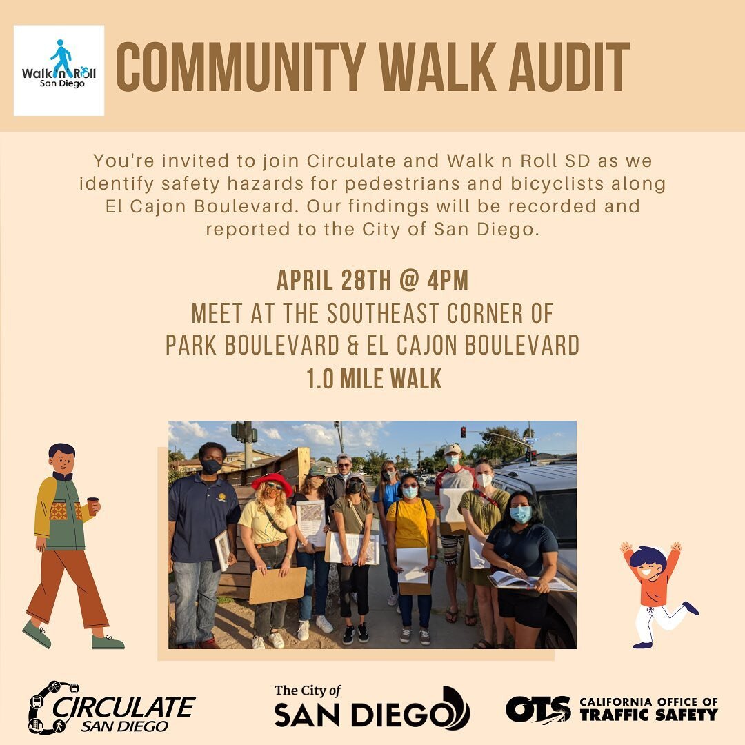 Hey San Diego! Join us next Friday for a Community Walk Audit!

Friday, 4/28
4 pm
SE corner of Park &amp; El Cajon

The findings will be reported to the City to make our streets safer and more inspiring!

#communitywalkaudit #sandiegoca #elcajonandpa