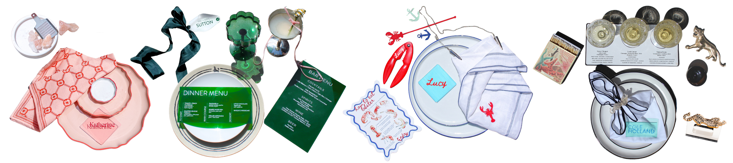 Decorative table setting with personalized napkins, plates, and various small decorative items including a lace-embellished napkin with a bow, a lobster-shaped dish with a name tag, a small green glass, and small animal figurines.