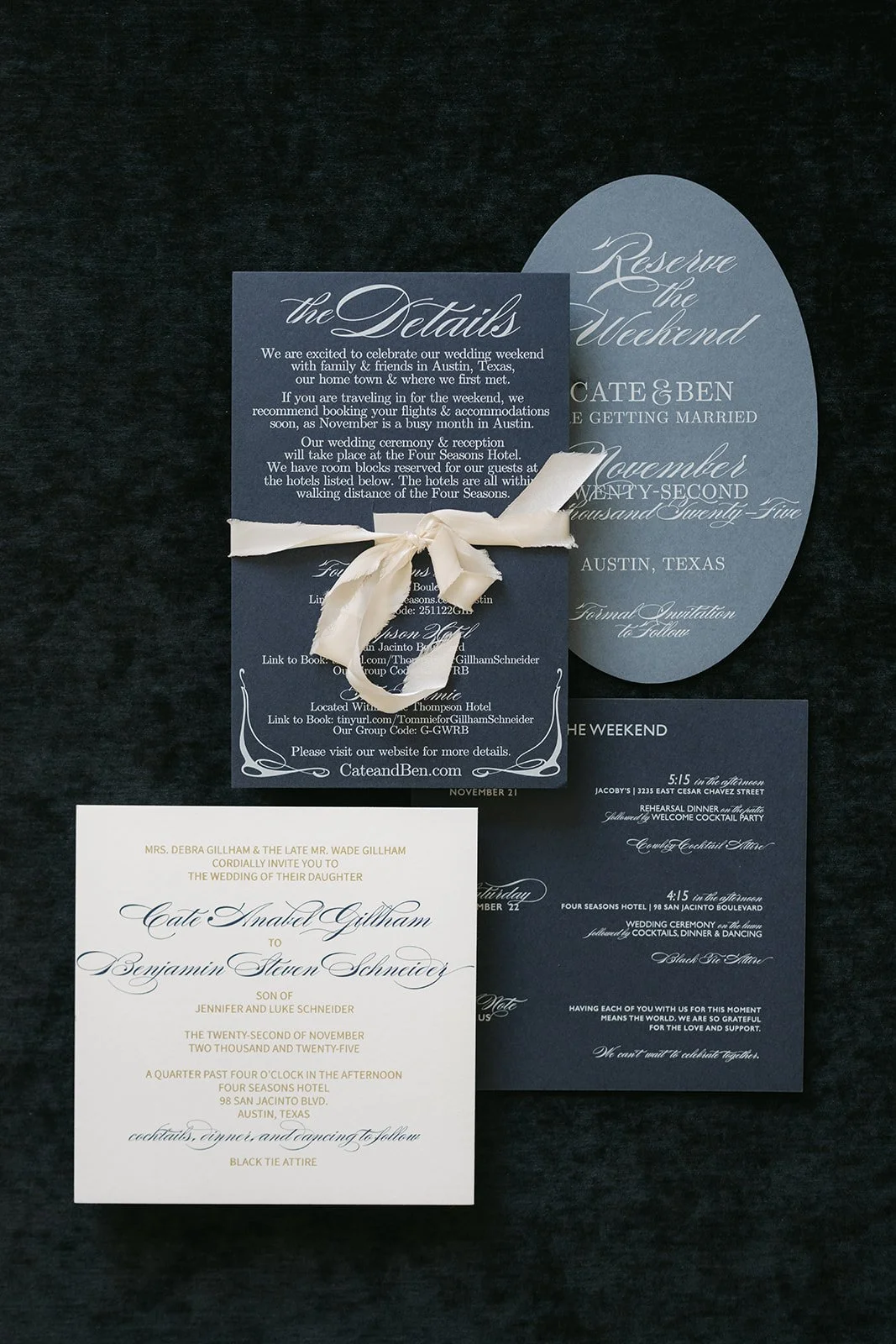 Collection of wedding invitation cards with elegant cursive fonts, some with ribbon, describing the wedding details and accommodations for a couple in Austin, Texas.