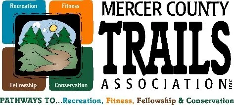 Logo for Mercer County Trails Association featuring a landscape with trees, a sunny sky, and a trail, with sections labeled Recreation, Fitness, Fellowship, and Conservation.