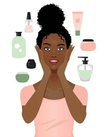 Illustration of a woman with natural curly hair, touching her face, surrounded by skincare and beauty products.