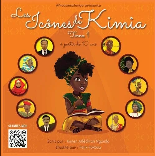 Cover of a book titled "Les Icônes de Kimia, Tome 1, à partir de 10 ans" featuring a young girl with dark curly hair sitting cross-legged, reading a book, surrounded by circular portraits of diverse people. The background is orange.