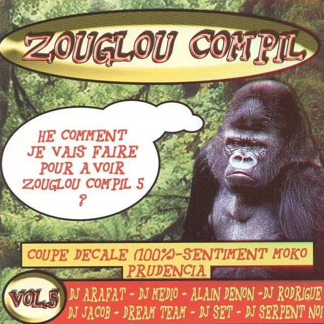 Cover of a comic book titled ZOUGLOU COMPL, featuring a gorilla illustration, speech bubble asking how to make Zougou Comics 5, and list of DJs and a warning about mature content.
