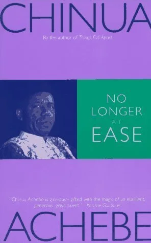 Book cover of 'No Longer at Ease' by Chinua Achebe, featuring a portrait of a woman and purple, blue, and green design elements.