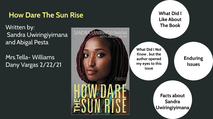 A presentation slide introducing the book "How Dare The Sun Rise" by Sandra Uwiringiyimana and Abigail Pesta, with a photo of Sandra Uwiringiyimana, and three circles containing questions and comments about the book.