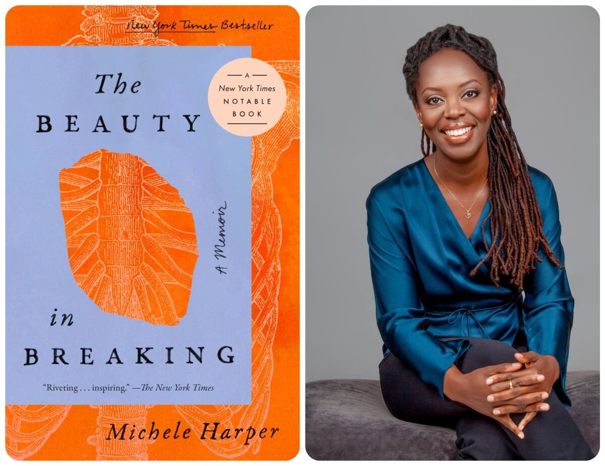 The image shows a book titled 'The Beauty in Breaking' by Michele Harper next to a portrait of a woman with dark skin, wearing a shiny blue blouse, and smiling while sitting with her hands clasped.