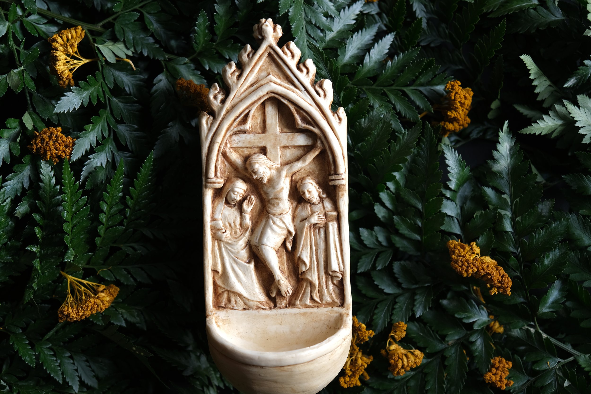 Holy Water Font on green ferns and gold florals