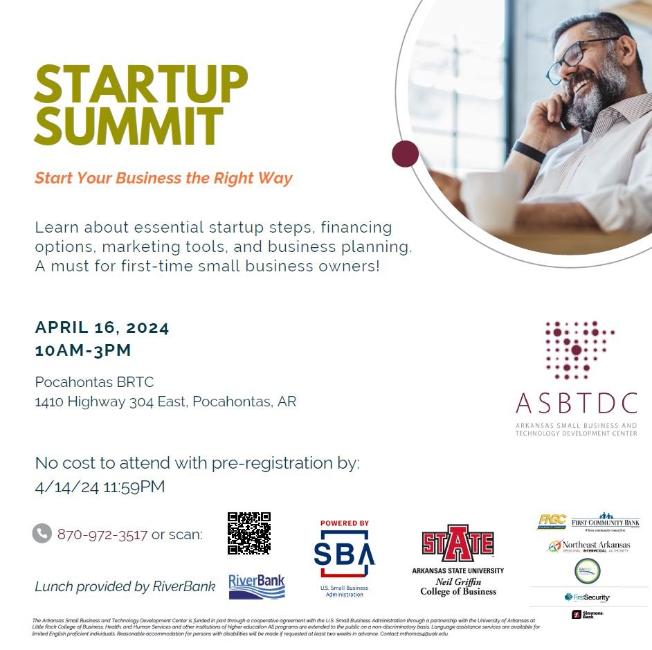 ❗️ Attention all business owners! The Arkansas Small Business and Technology Development Center is hosting a Startup Summit in Pocahontas! One month from today they will host a FREE training on startup steps, financing options, marketing, and more. E