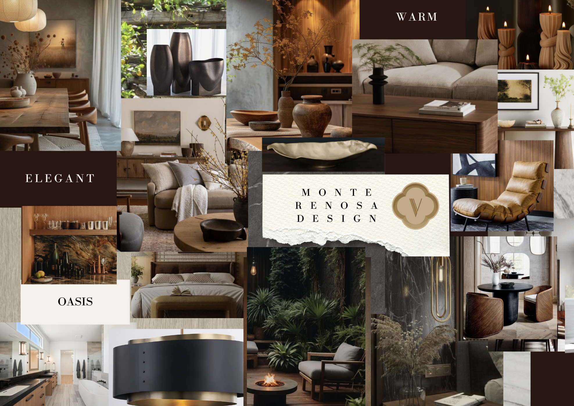 Collage of interior design images featuring elegant, warm, and oasis-inspired spaces with wood furniture, vases, candles, plants, and cozy seating areas.