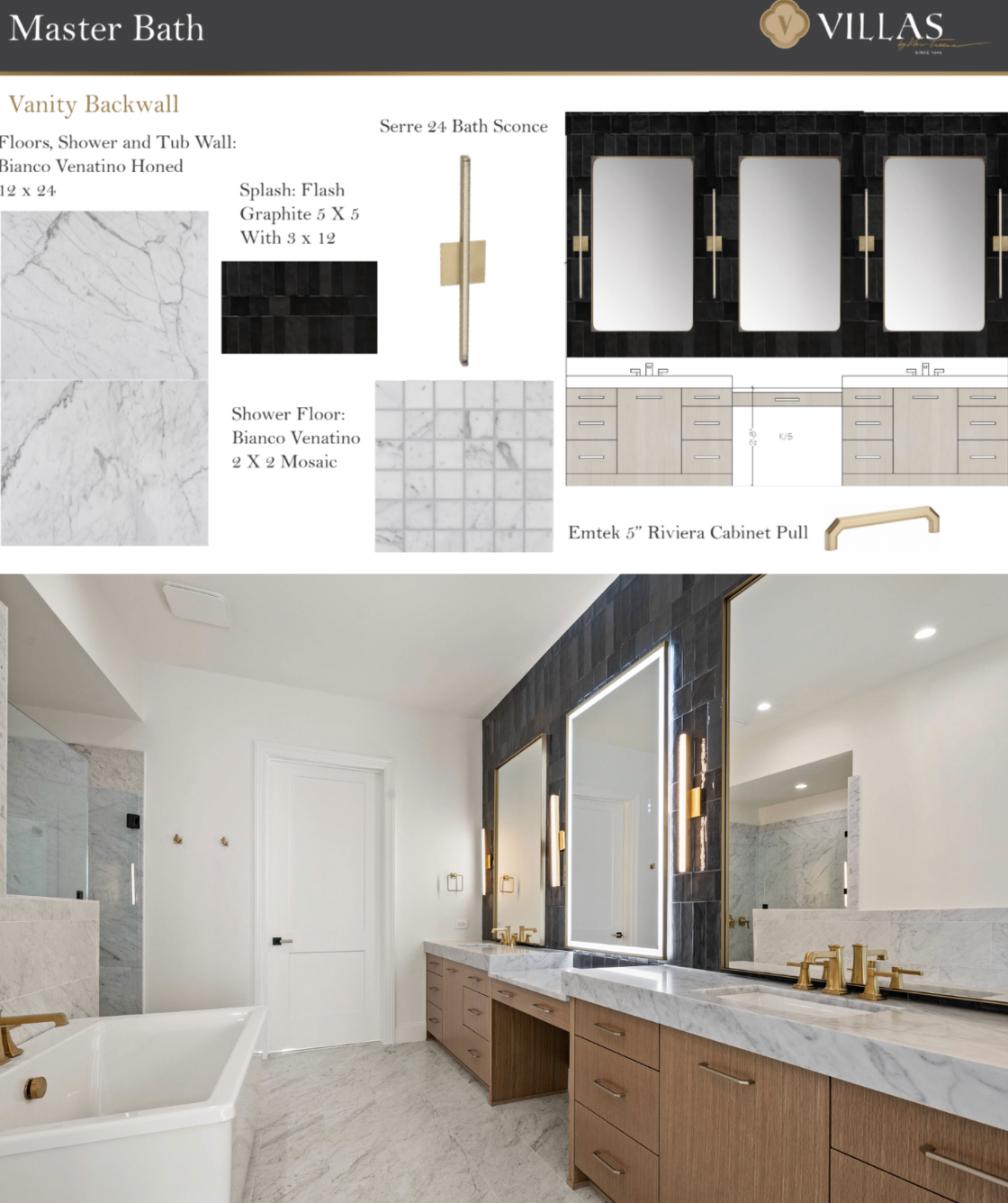 A modern master bathroom featuring a black tiled wall with large mirrors and gold fixtures, a white marble countertop with wooden cabinetry, a bathtub, and a shower area with marble tiles.
