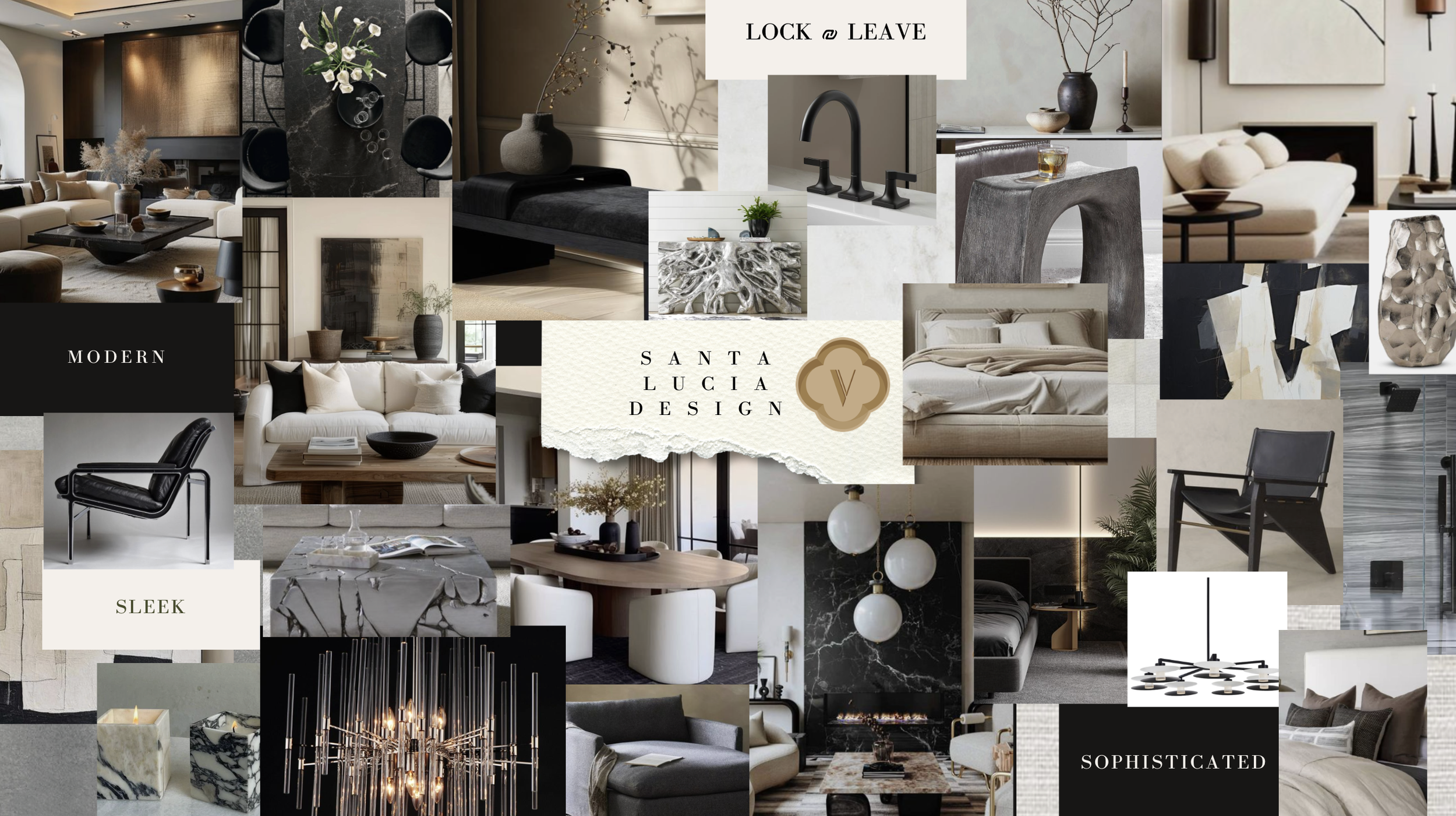 Collage of modern interior design elements including living rooms, bedrooms, furniture, and decor in neutral and black tones with elegant accents.