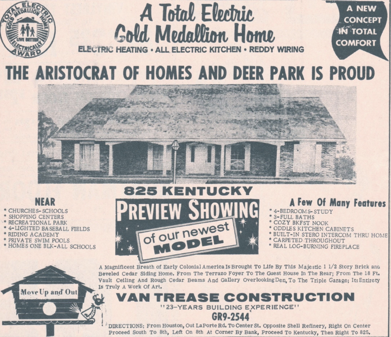 A vintage flyer advertising a new electric home model, highlighting features like electric heating, all-electric kitchen, and wiring, located at 825 Kentucky near Deer Park. The flyer includes a black-and-white photo of the house, a list of nearby amenities such as churches, shopping centers, and baseball fields, and features of the house like four bedrooms, three bathrooms, cozy kitchenette, built-in stereo, and real log-burning fireplace. It mentions Van Trease Construction with 23 years of experience, offering a preview showing of the model home.