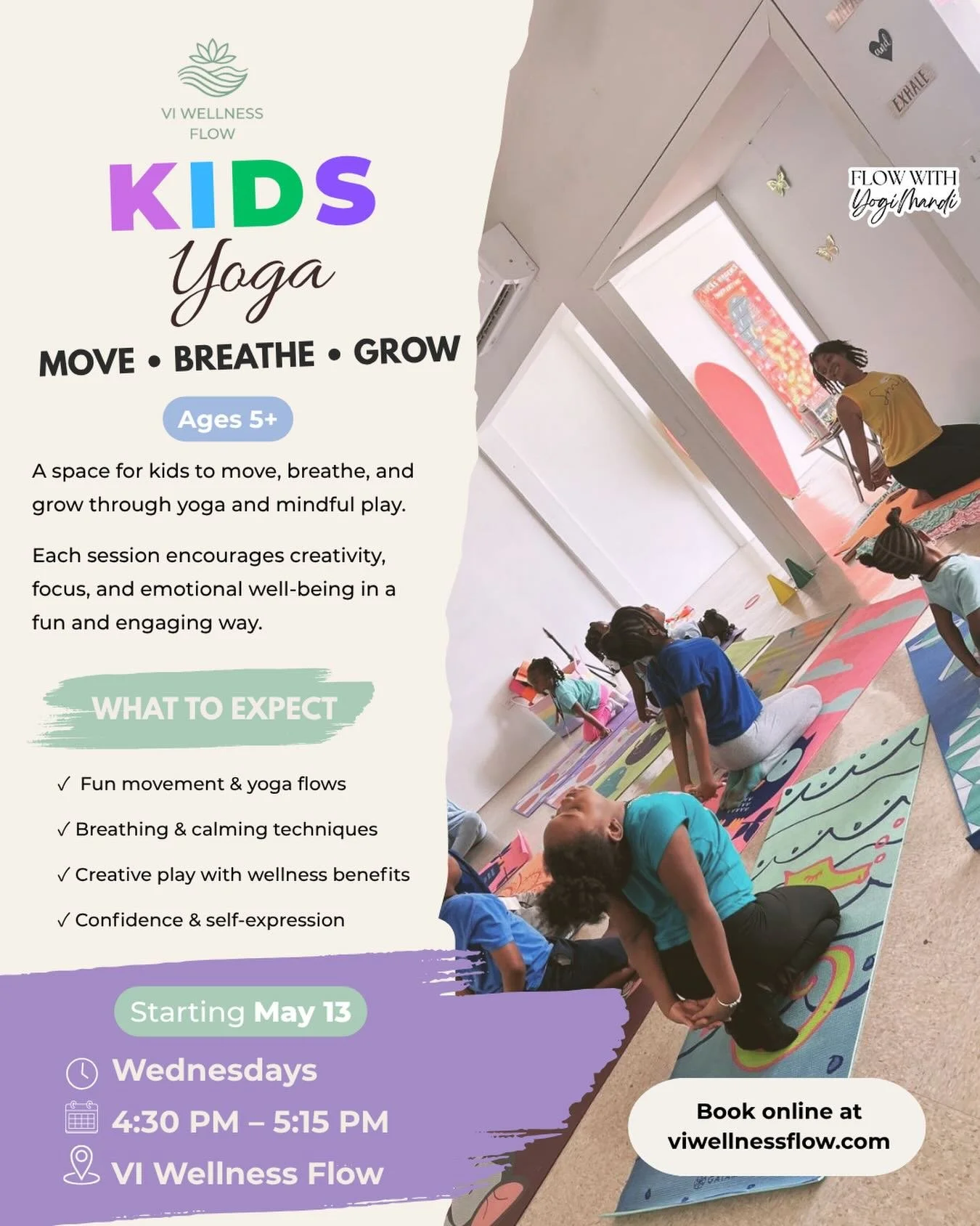 It&rsquo;s finally here!🌈🥳

Kids Yoga is officially launching at VI Wellness Flow
Starting May 13th | Wednesdays at 4:30PM

A fun and mindful space for our little ones to move, play, and grow. 

Join us for the journey. Spots are limited! 
Link in 