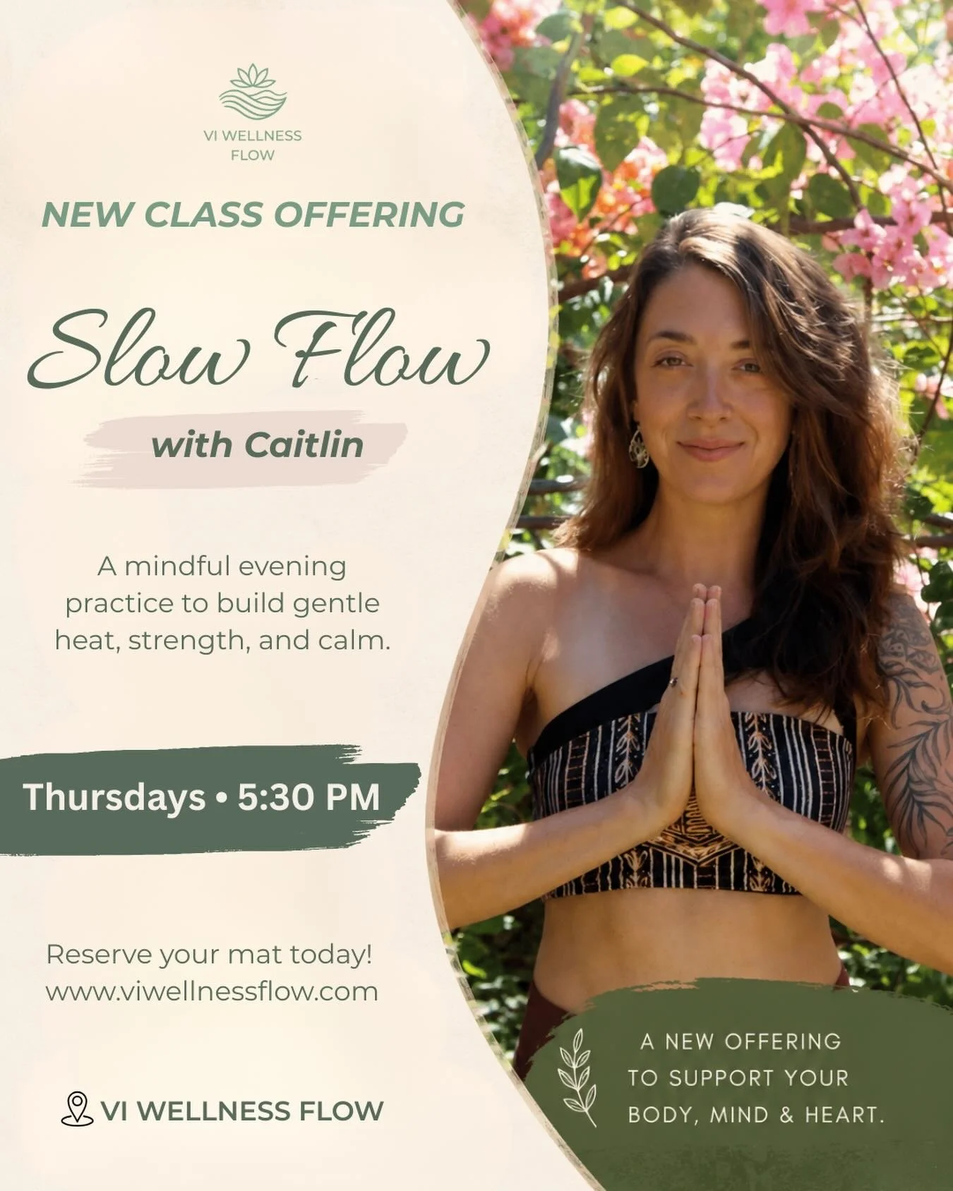 ✨ NEW CLASS OFFERING ✨
We&rsquo;re so excited to welcome Caitlin to the VI Wellness Flow community with our newest weekly offering.

She&rsquo;ll be guiding a grounding Slow Flow practice that blends mindful movement, longer-held poses, breathwork, g